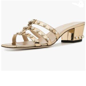 Wansseny Champagne Open Toe Pearl Mules Comfy Slip on Chunky Low Heel Sandals